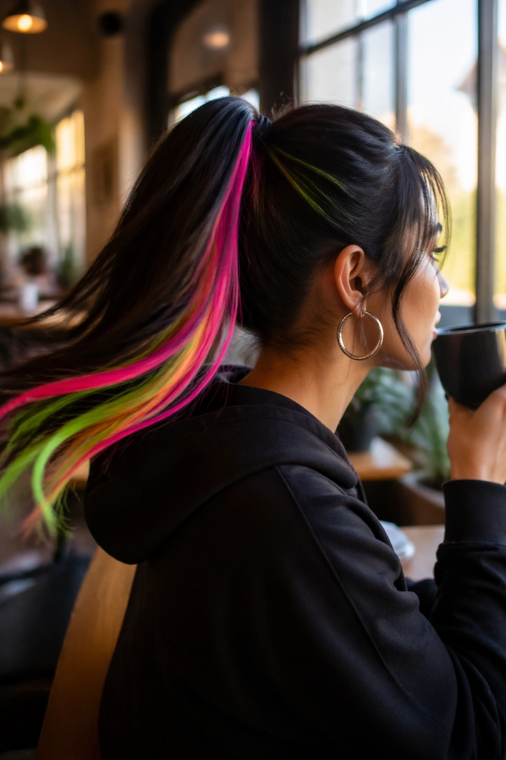 Black ponytail showing neon streaks peeking through in a cafe setting.