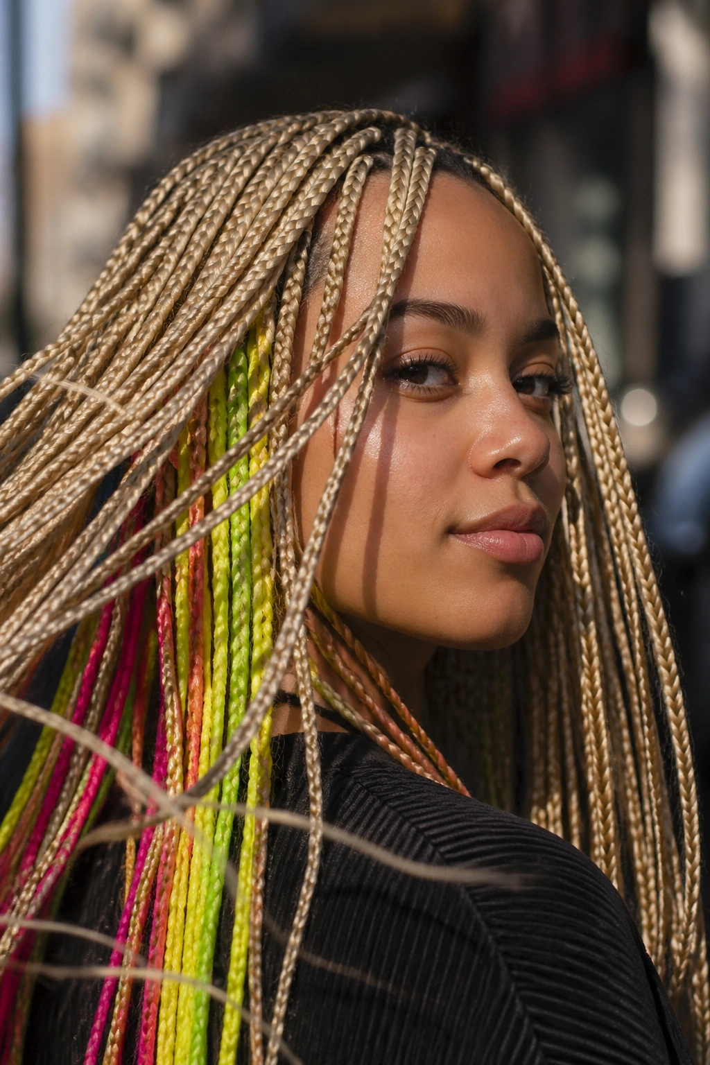 Close-up of blonde braids with neon underlayer visible during movement