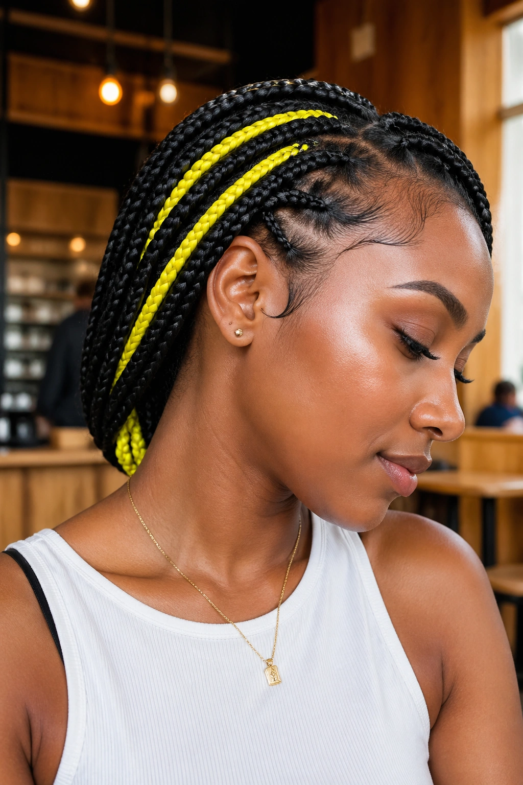 Close-up of a real woman with neon yellow accent braids peeking under dark hair