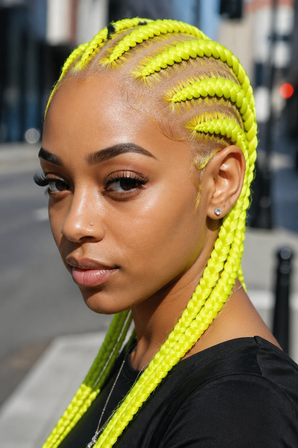 Close-up of a real person with neon yellow cornrows