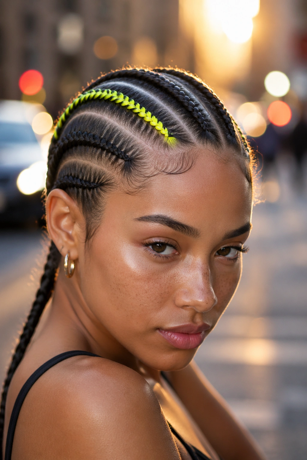 Close-up of a real woman's cornrows with a neon yellow single color streak