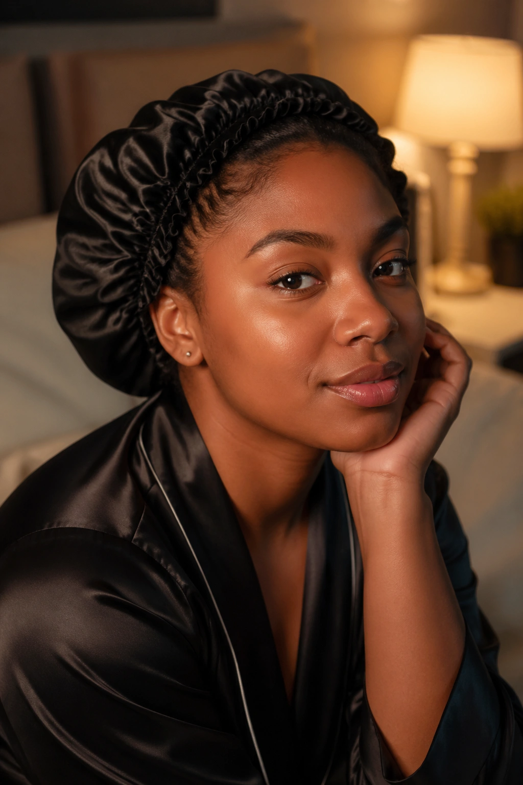 Real person in satin bonnet in bedroom, hair tucked for night routine