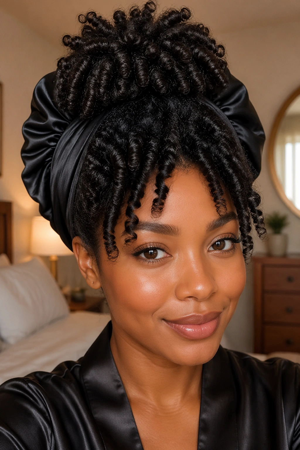 Close-up of a real woman with a pineapple twist updo and satin bonnet in a softly lit bedroom