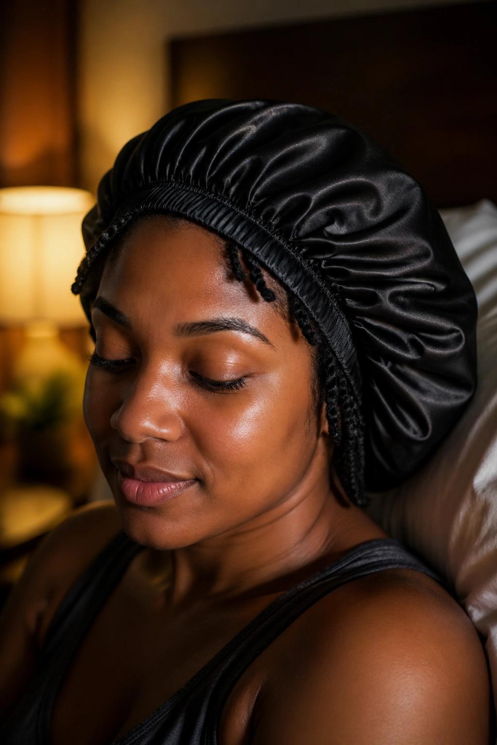 Close-up of real person with twists under satin bonnet in cozy bedroom, night hair care scene