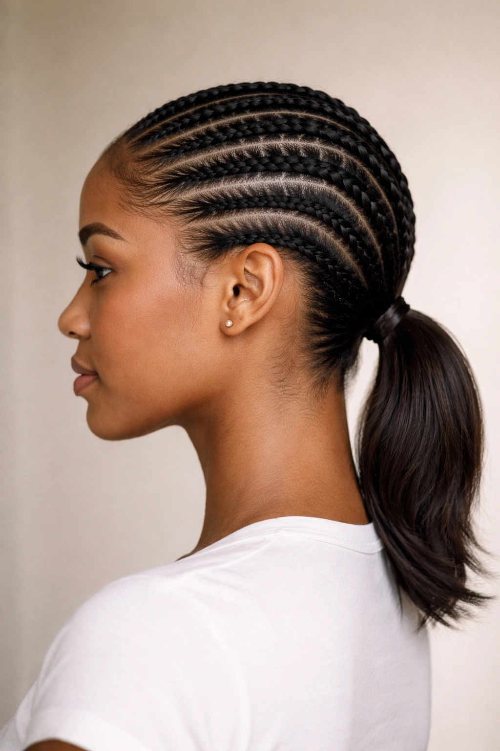 No-extension low cornrow ponytail with close-to-nape silhouette
