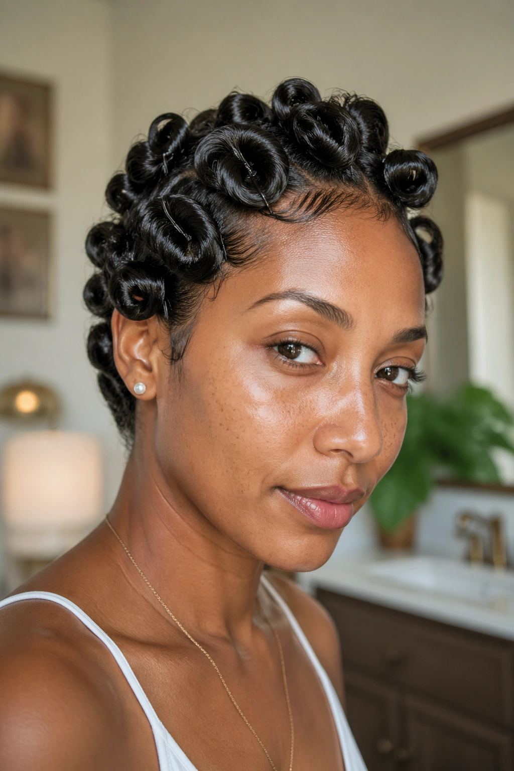 Real woman showing damp hair pin curls without heat