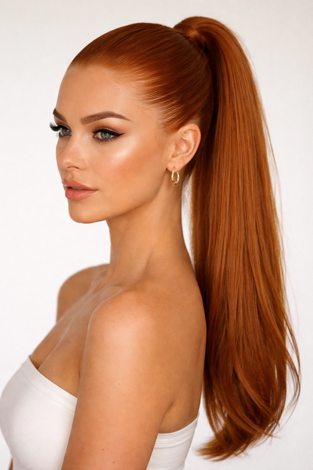 Frontal view of a no-part sleek ponytail on ginger hair