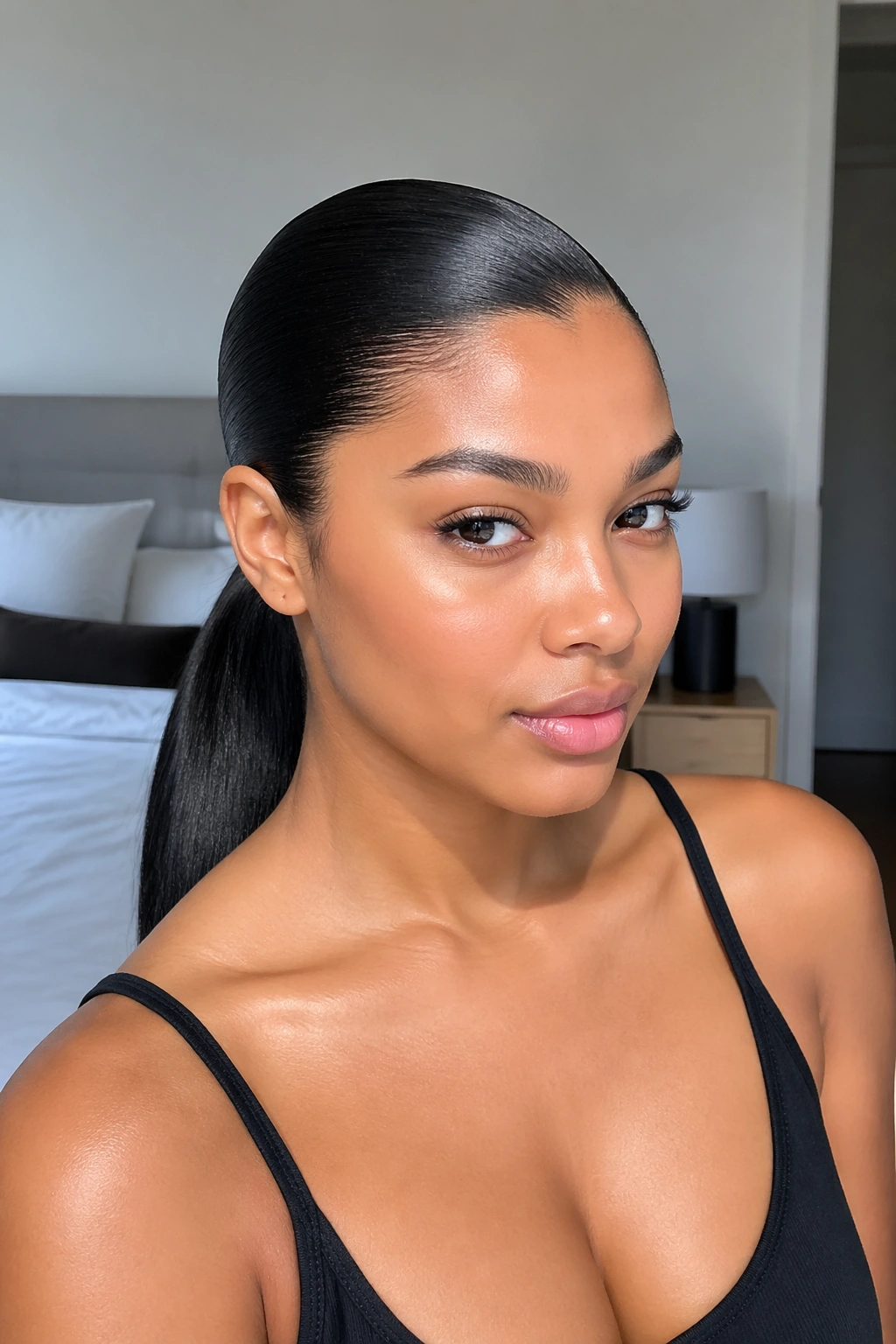 Real woman with minimal no-part low ponytail in natural light.