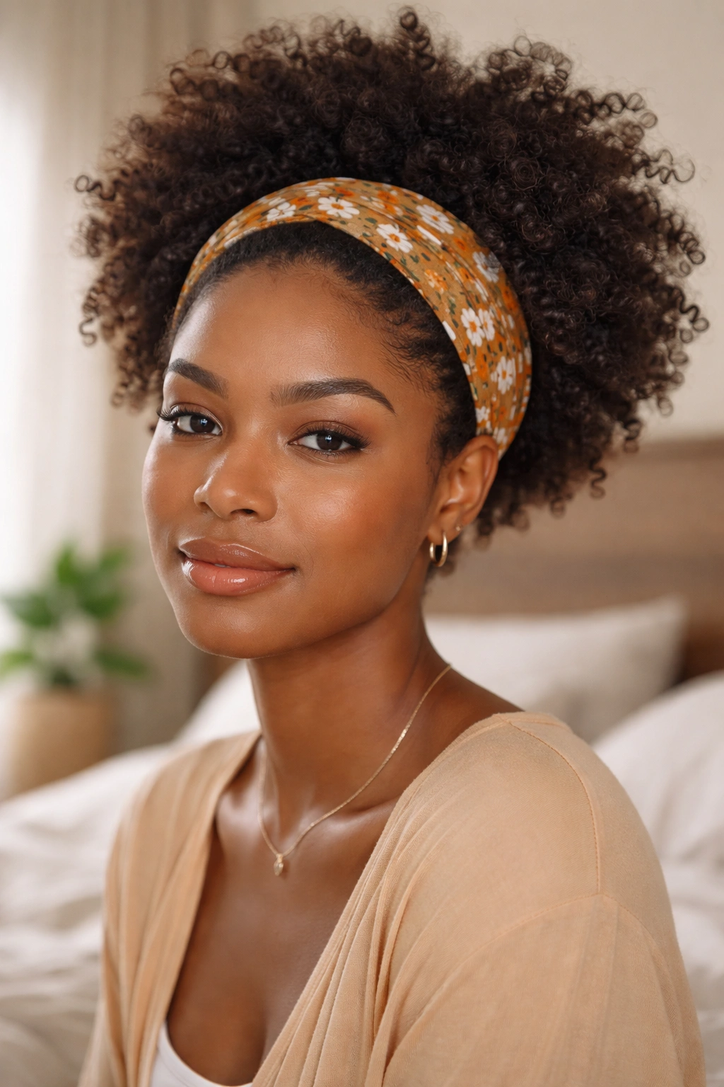 Close-up of a person wearing a headband with no extra tools, highlighting minimal styling.