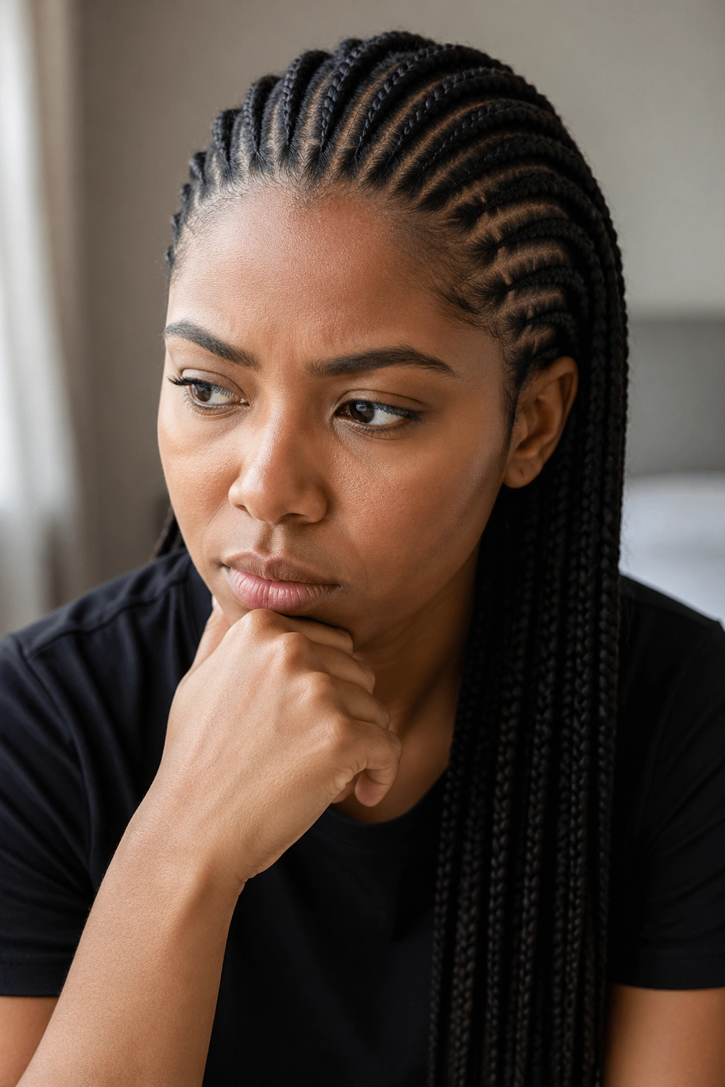 Close-up of a real person with dark hair in a minimal room, illustrating not choosing blonde