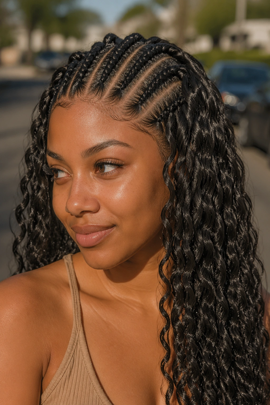 Close-up portrait of a real person wearing ocean wave crochet cornrows.