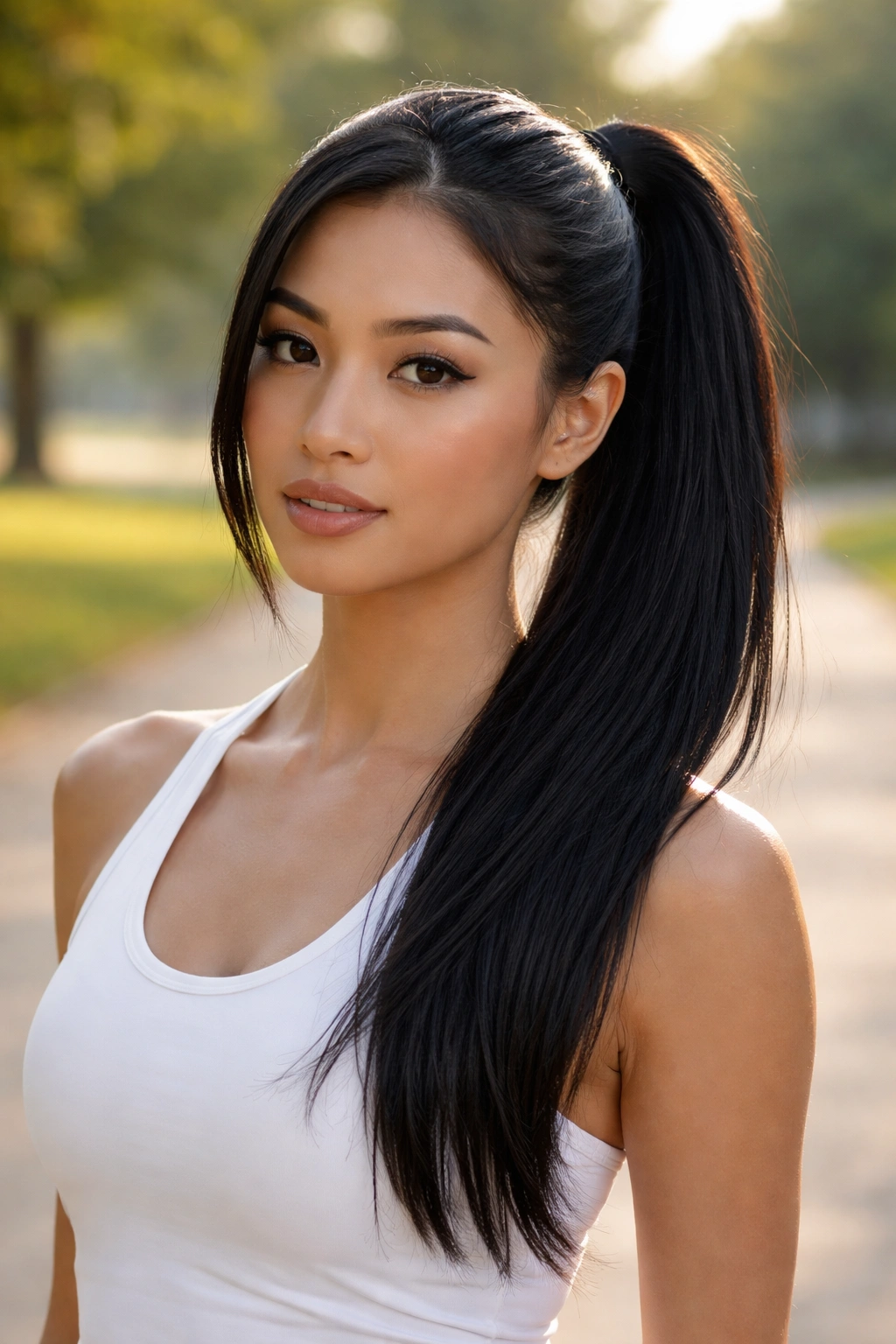 Portrait of a real woman with off-center athletic ponytail in a park setting with soft morning light