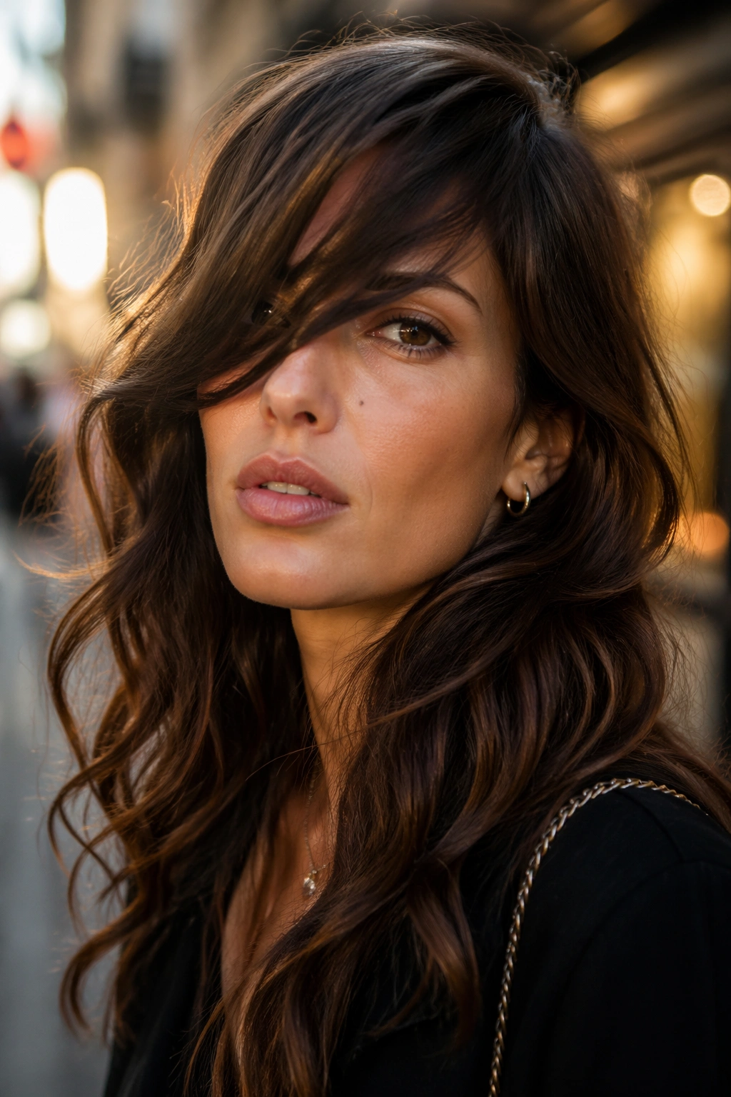 Close-up portrait of a real person with off-center bangs across one eye in golden hour light