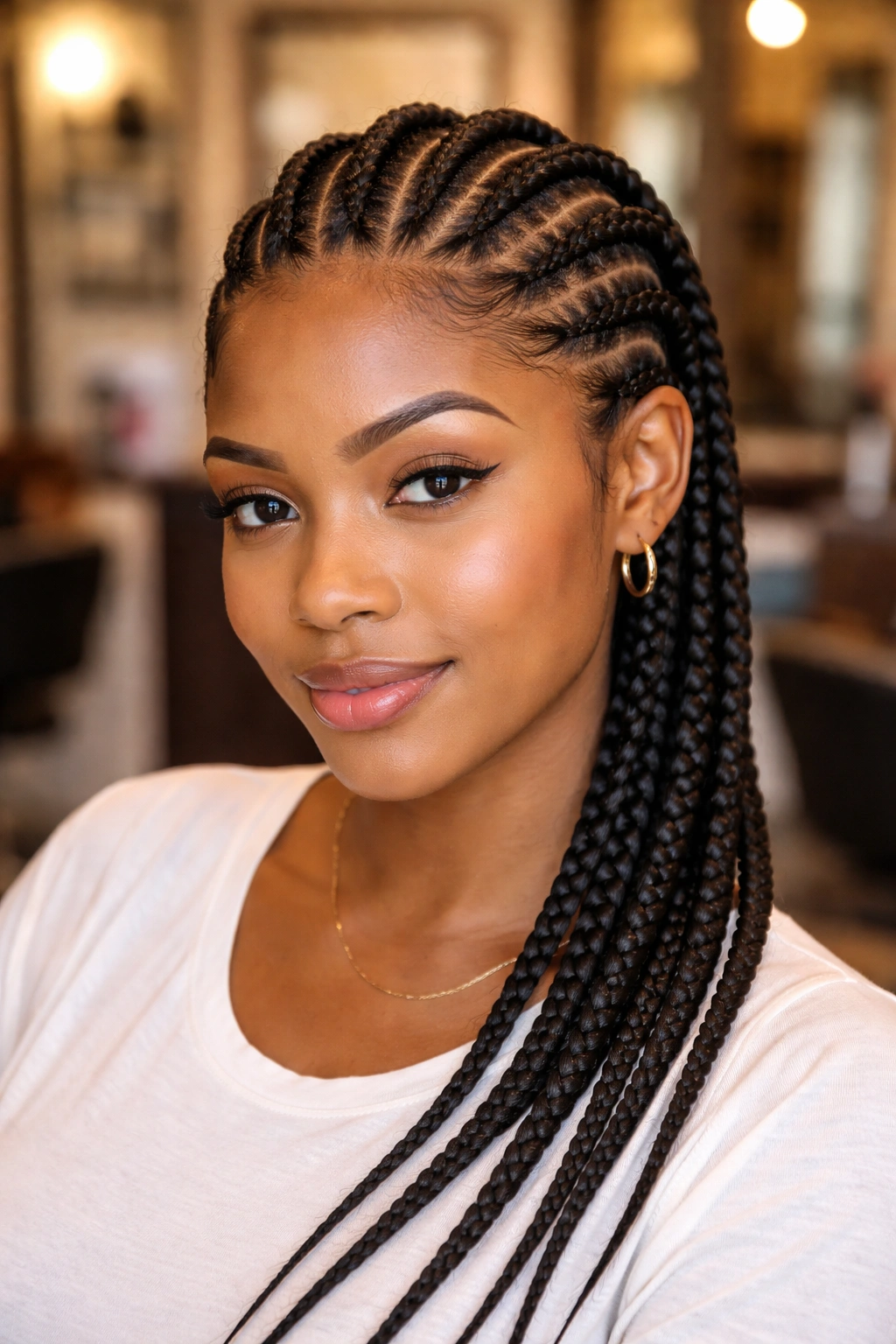 Close-up of real person with seven off-center cornrows