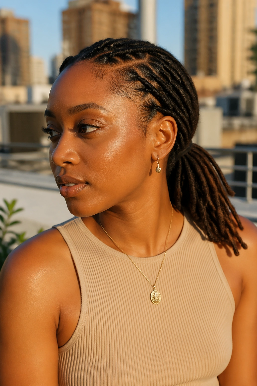 Close-up of a real person with an off-center sleek low ponytail.