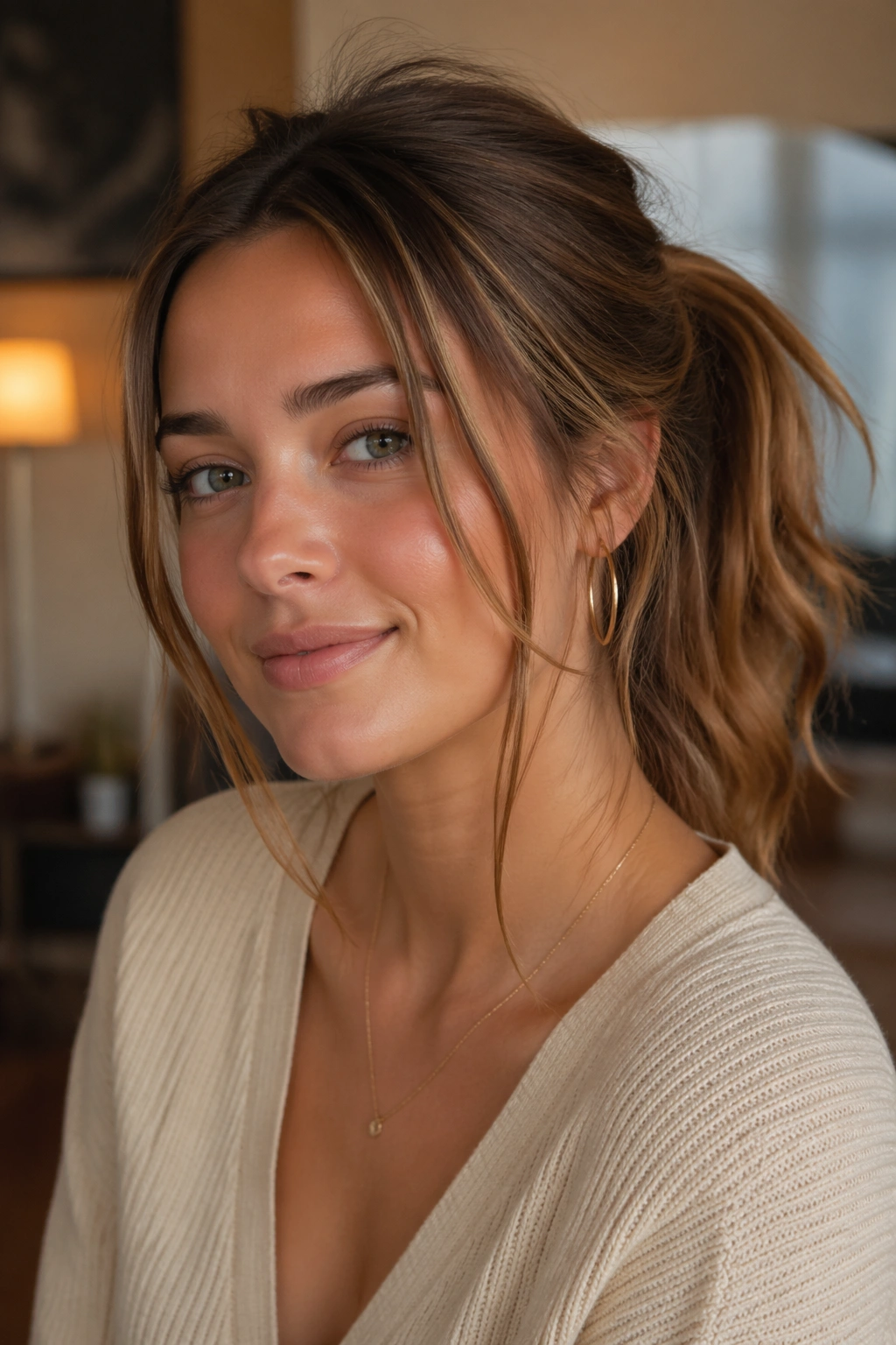 Close-up of a real woman's off-center mid ponytail
