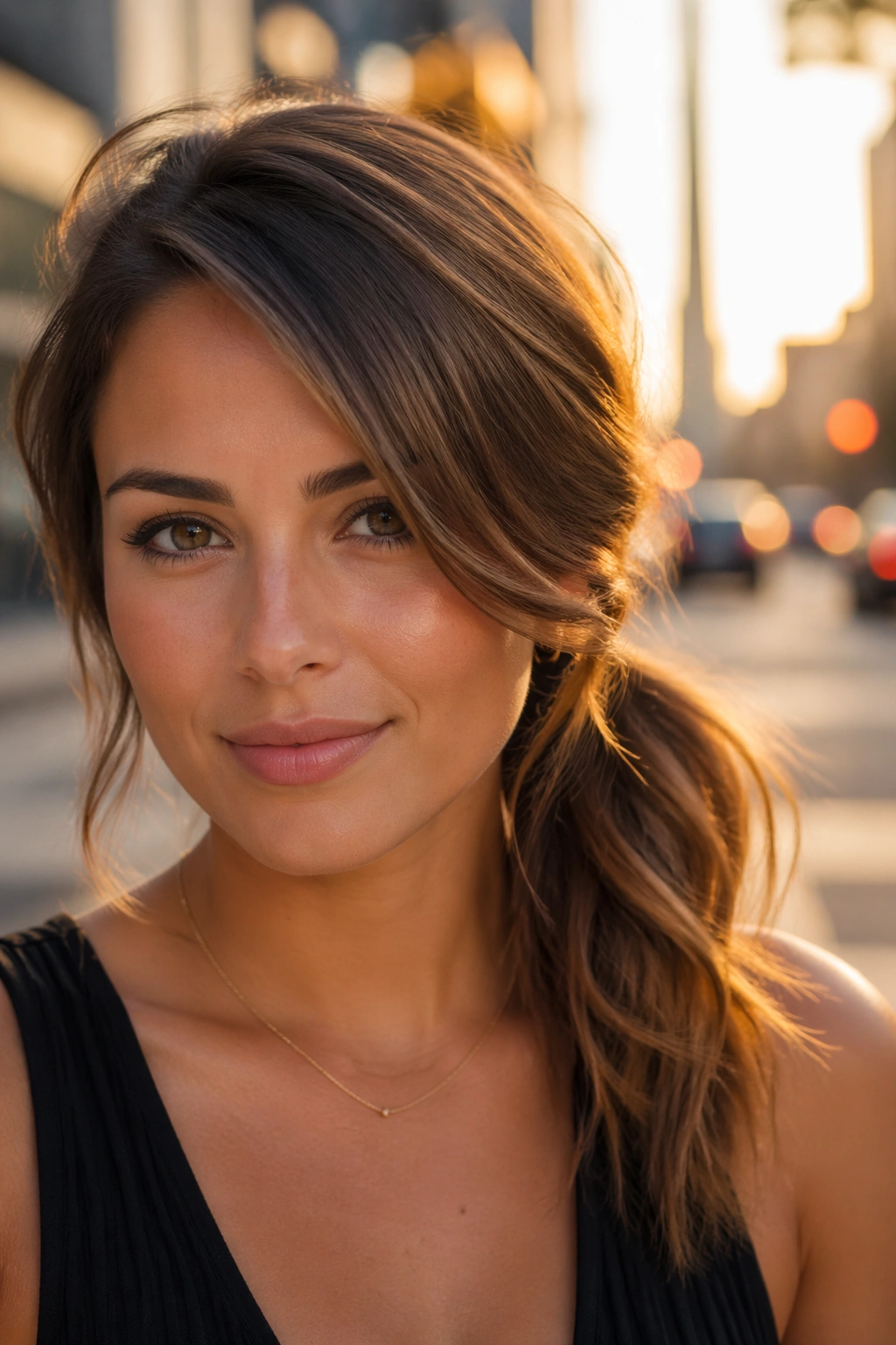 Real woman with off-center low ponytail and side-swept front pieces
