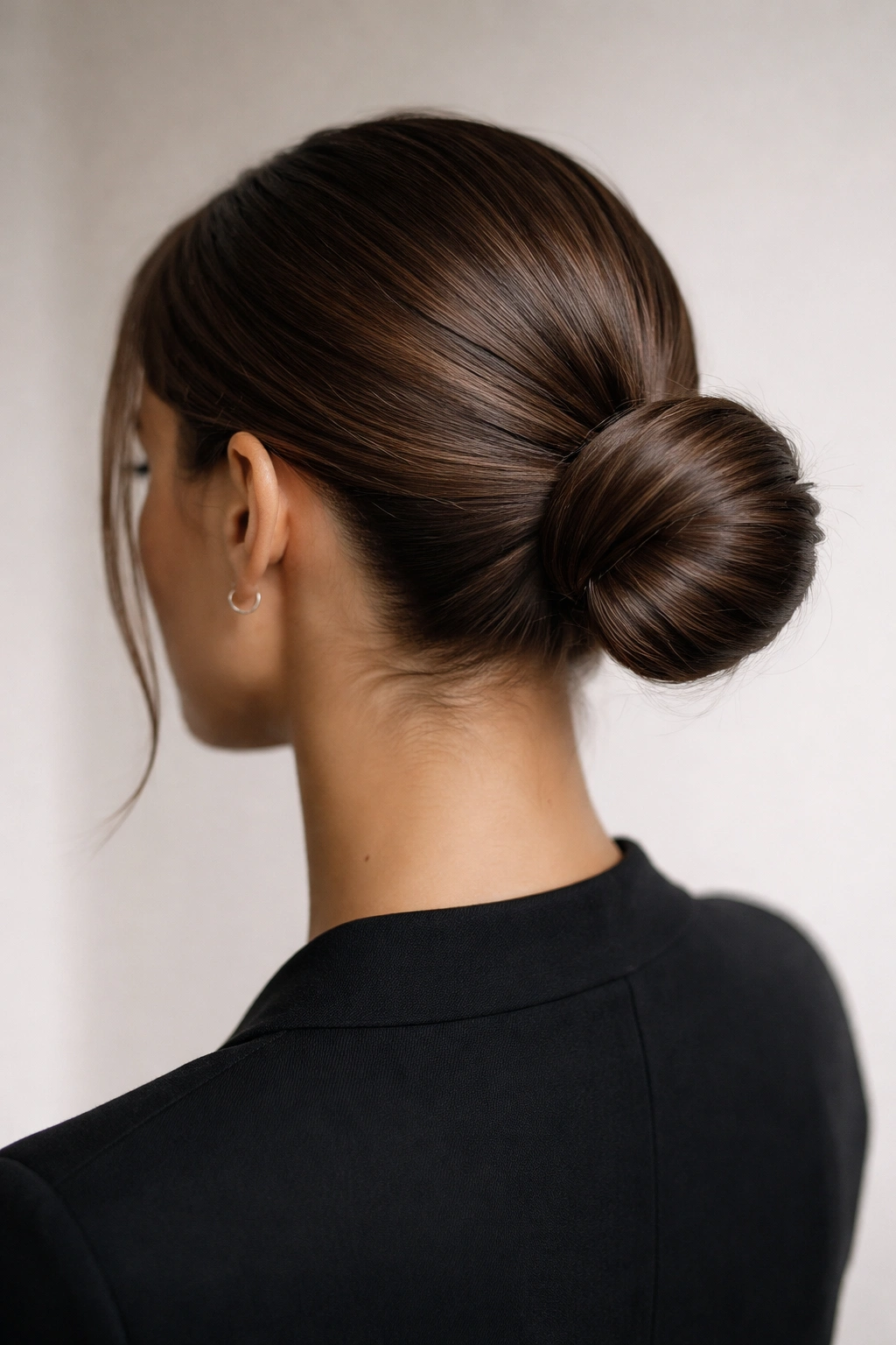 Low bun with an off-center twist and glossy hair