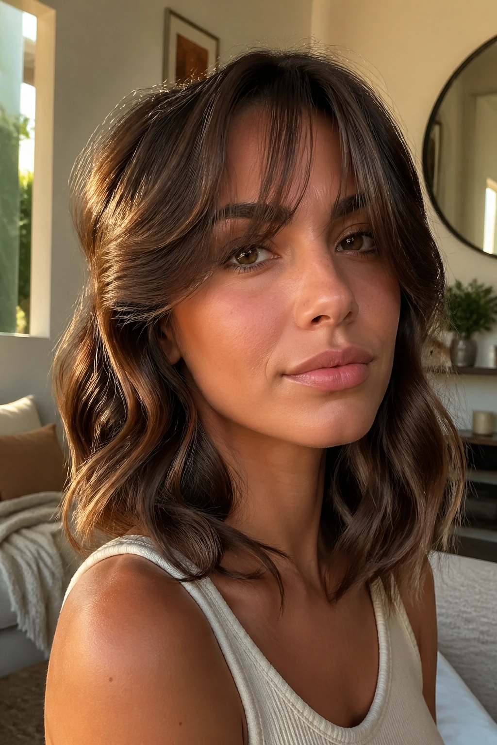 Close-up portrait of a real woman with off-center part, medium waves and soft curtain bangs in warm window light