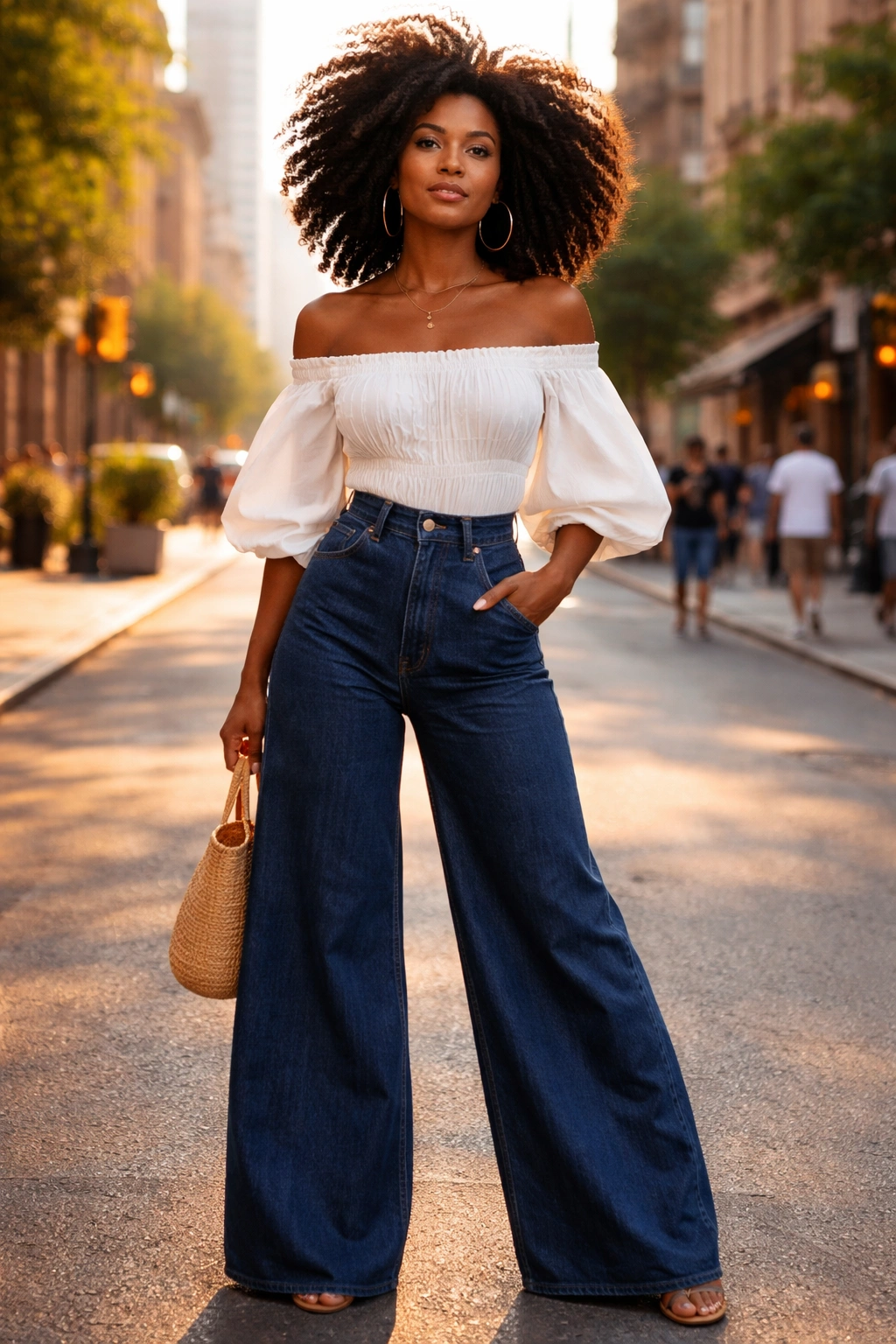 Afro woman wearing an off-shoulder blouse with wide-leg jeans on a sunlit urban street