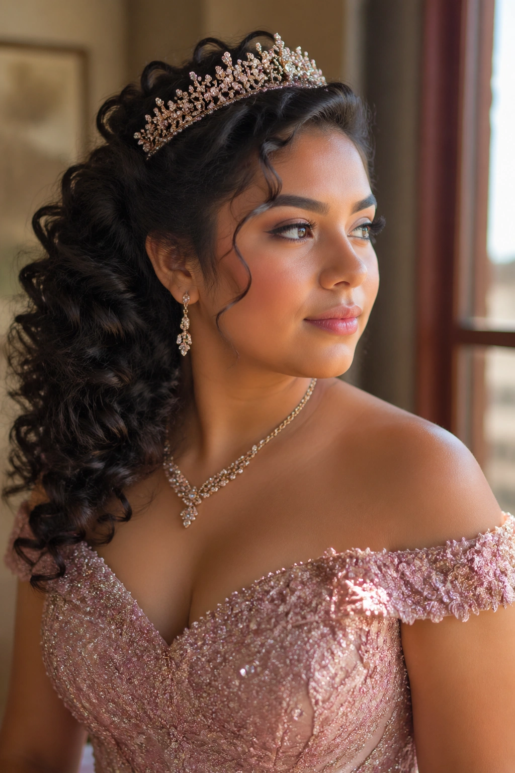 Portrait of a woman with an off-the-shoulder gown and curls swept to one side.