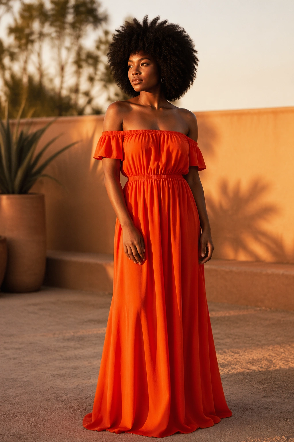 Real woman in saturated off-shoulder maxi dress in golden hour light