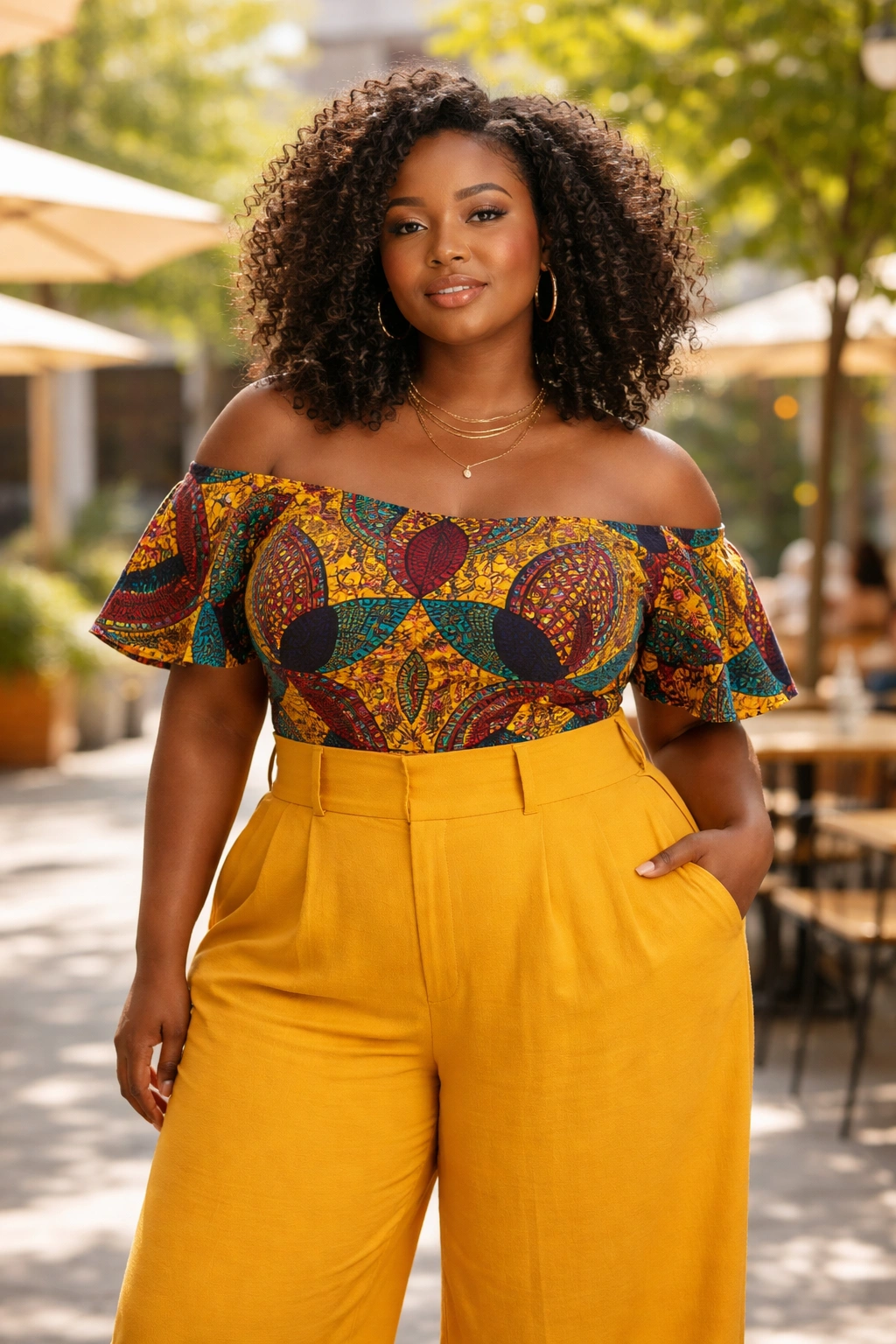 Plus-size model in off-shoulder top with wide-leg trousers
