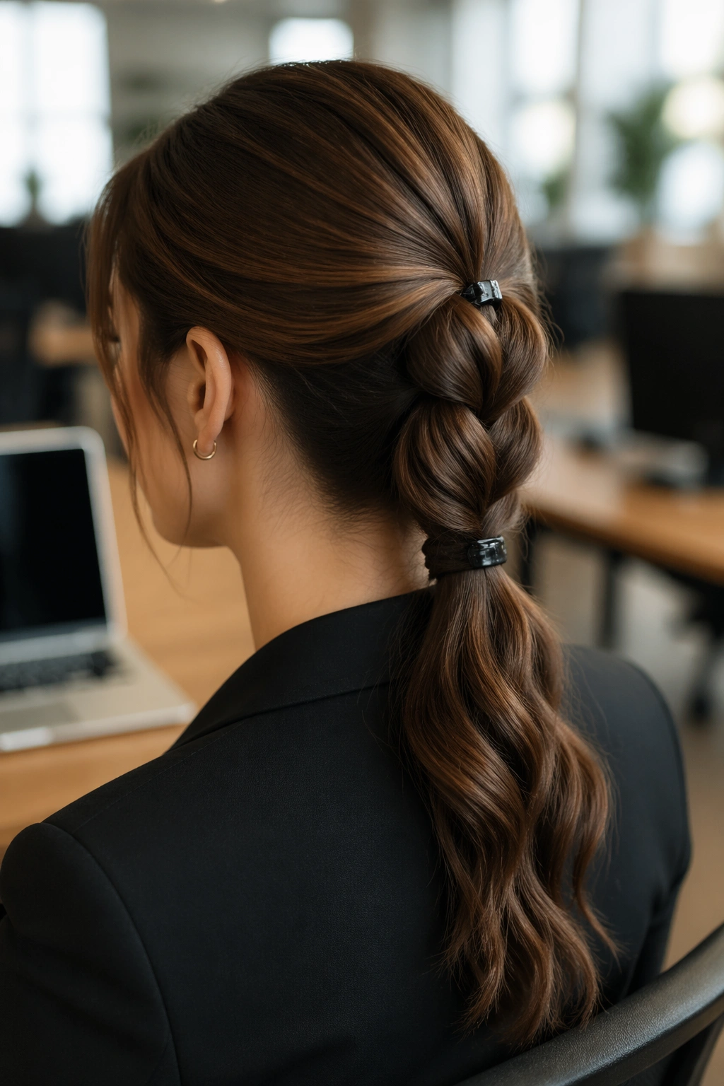 Close-up of office-ready butterfly braid ponytail with simple clips on a real person
