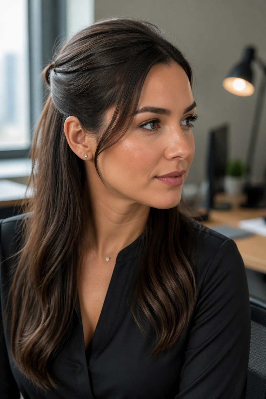 Real woman with a polished office half-up ponytail in a modern workspace