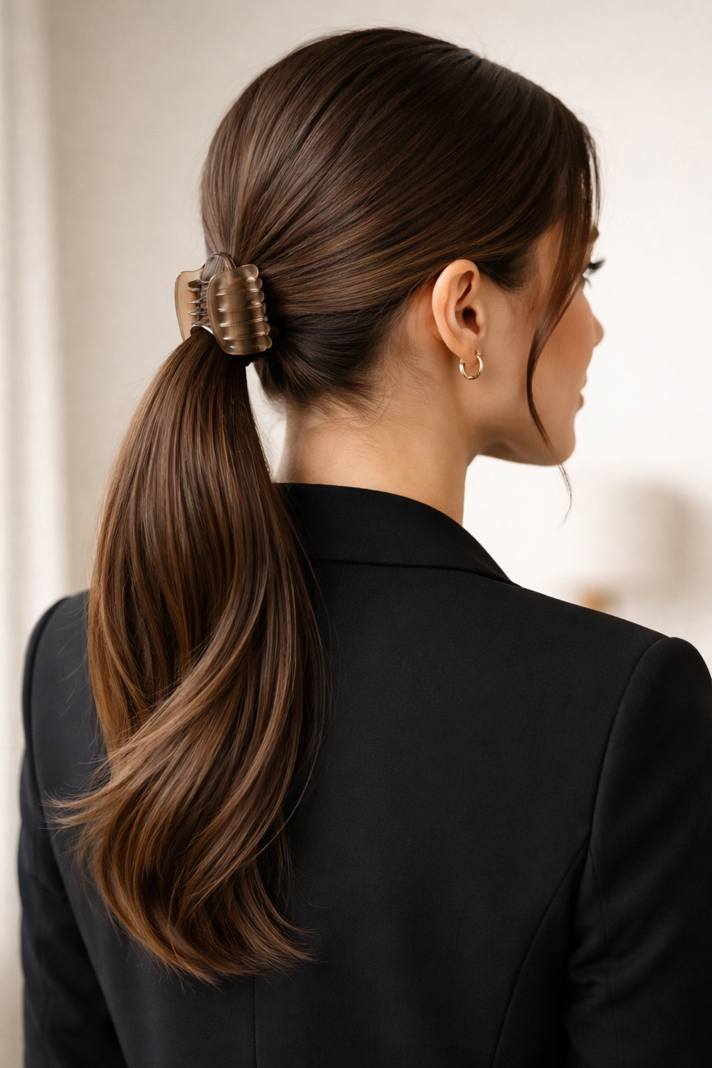 Back view of office-ready neat ponytail with center part and neutral clip