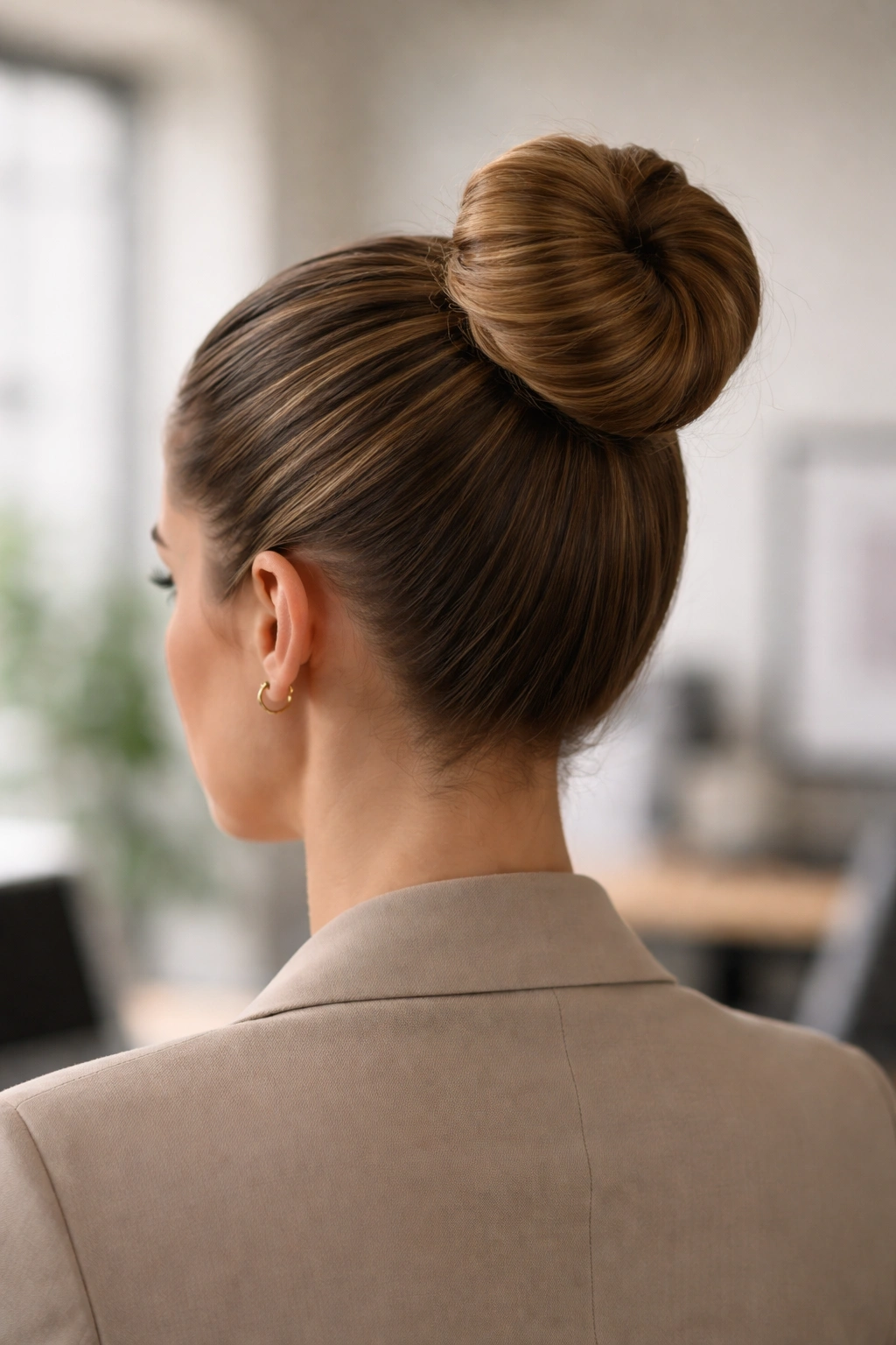 Close-up of an office-polished bun with smooth roots and tucked pins