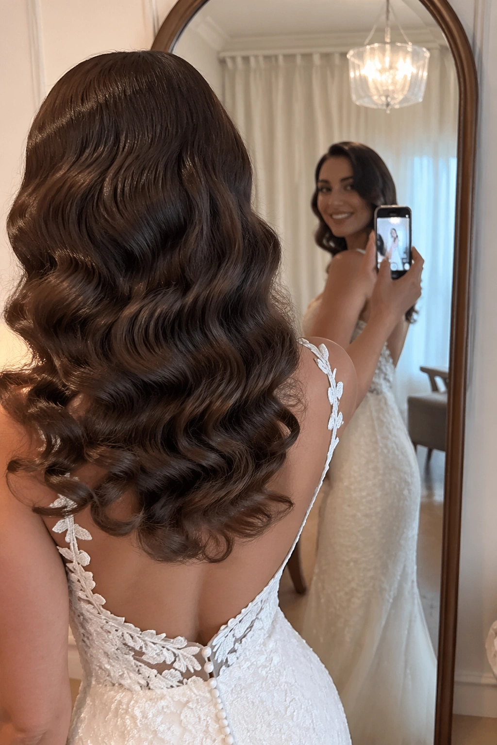 Mirror selfie view of Old Hollywood curls brushed-out