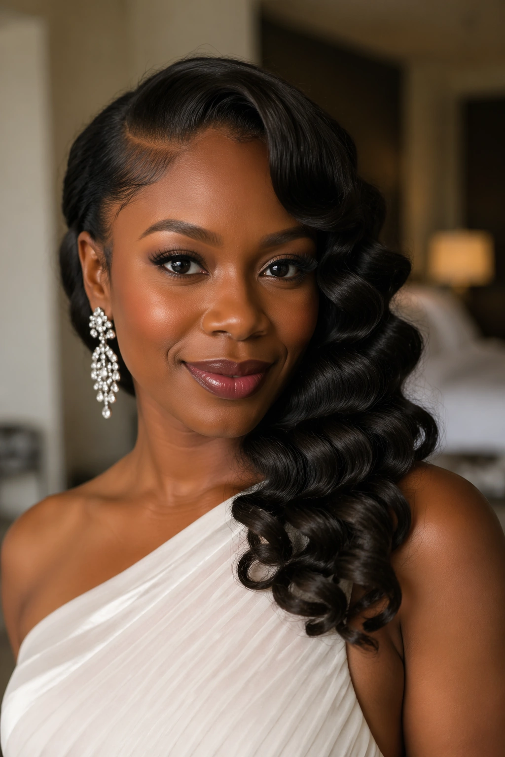 Close-up portrait of a real woman with Old-Hollywood Side-Swept Curls