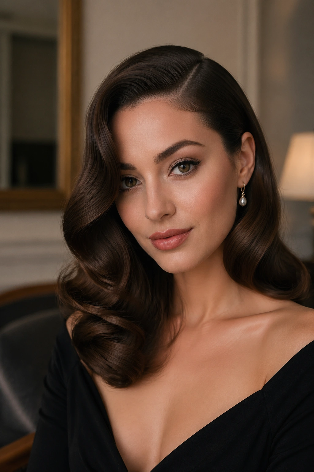 Real woman with deep side-part Old-Hollywood waves