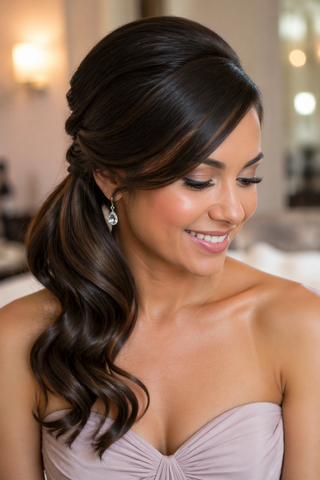 Close-up of Old Hollywood side ponytail with glossy waves
