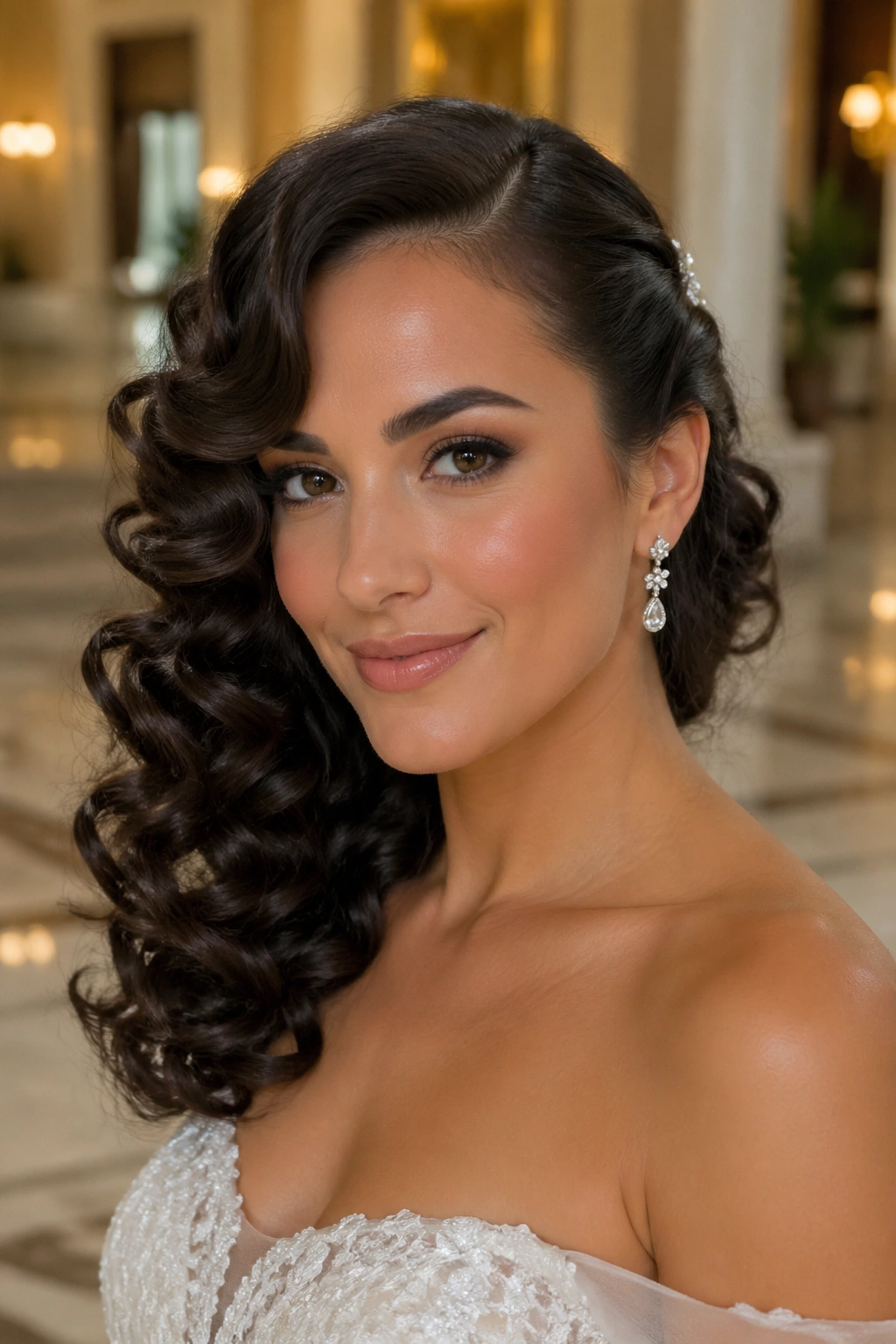 Close-up of a bride with an old Hollywood side part and glossy curls