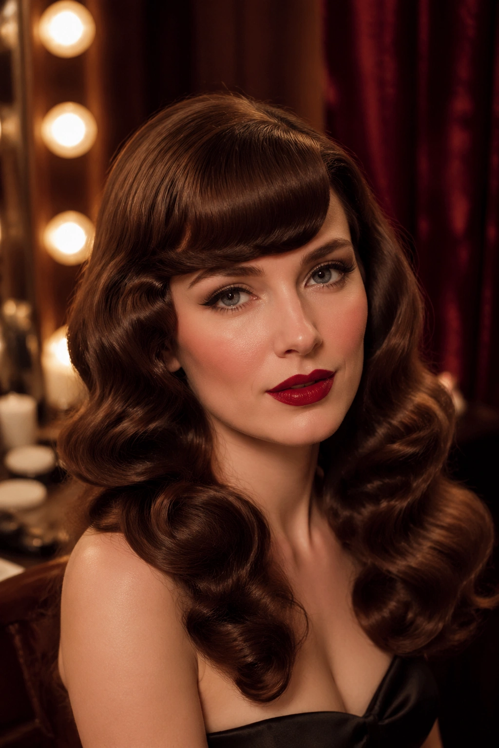 Close-up of a real woman with old Hollywood waves and arched bangs