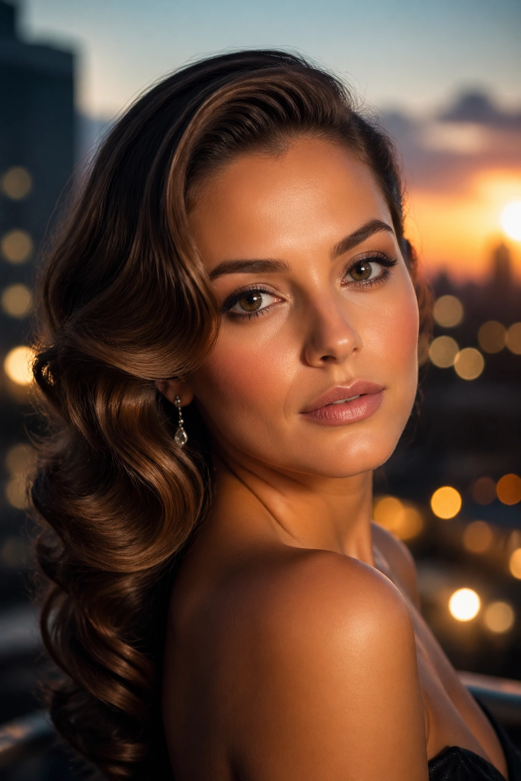 Close-up of a real woman with brushed-out Hollywood waves and side part