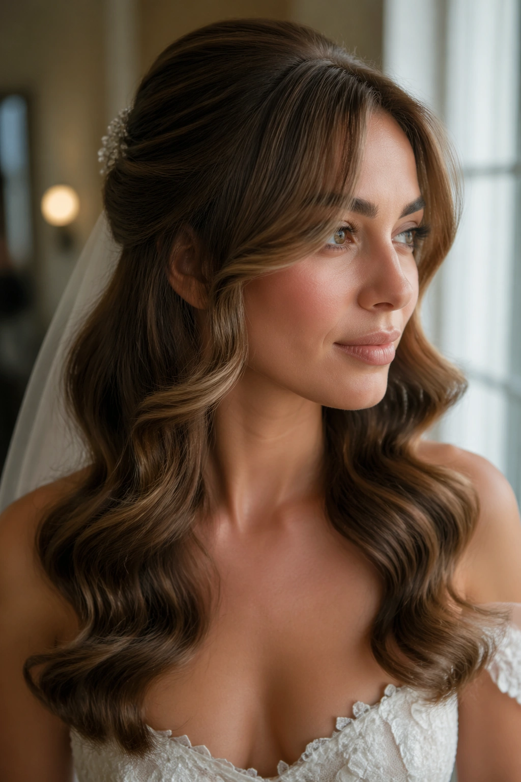 Close-up bride with Old-Hollywood waves and grown-out bangs
