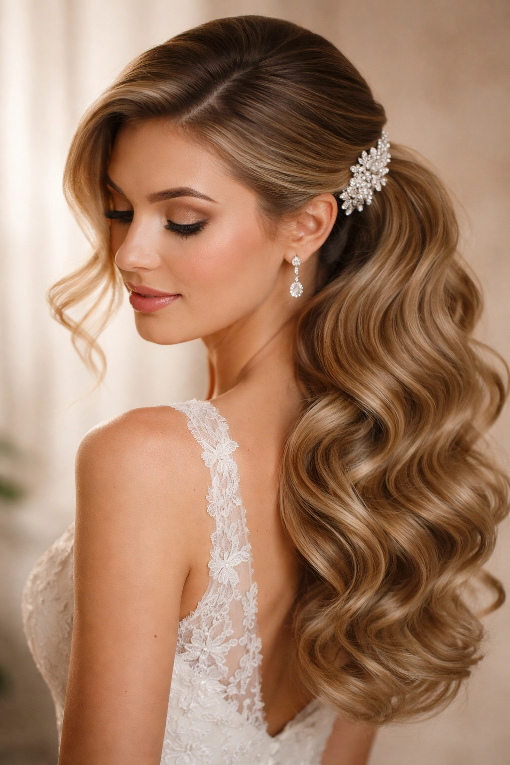 Side view of curly ponytail with vintage-style waves over the shoulder.