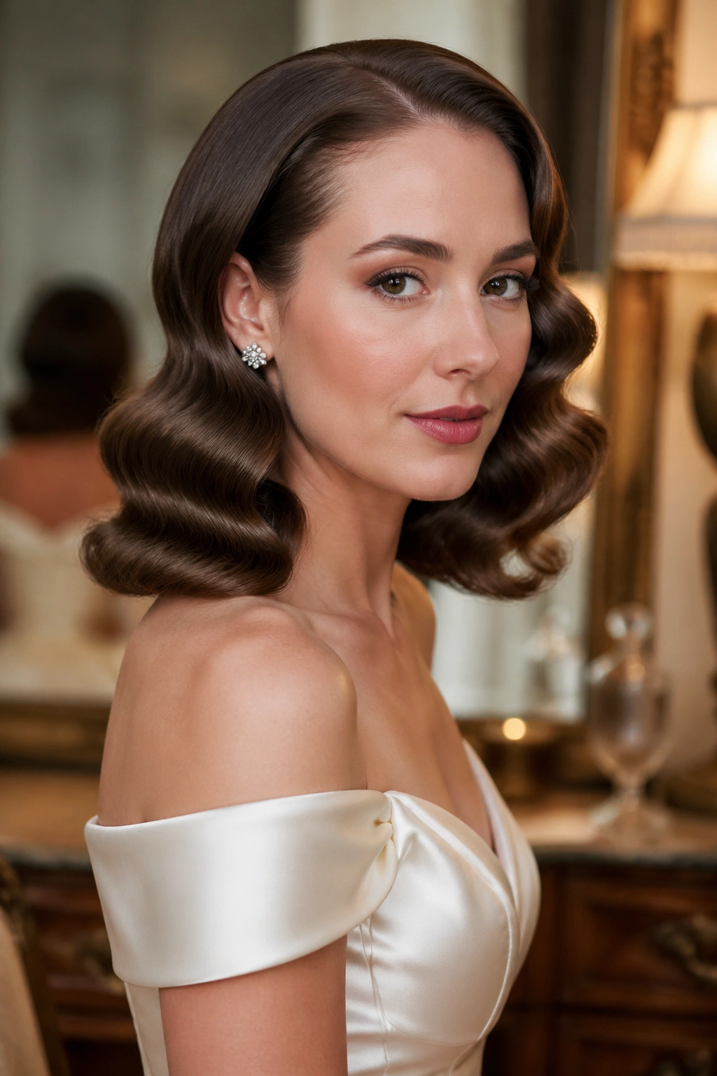Bride with shoulder-length old-Hollywood waves and side part.