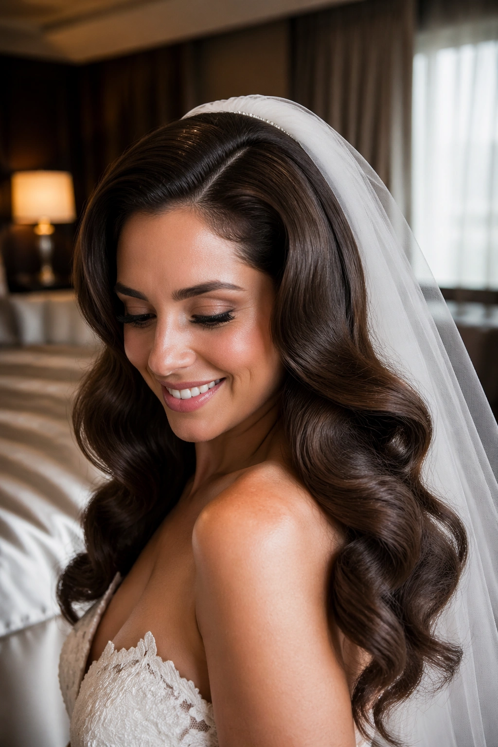 Old-Hollywood brushed-out waves with clean comb veil on real bride.