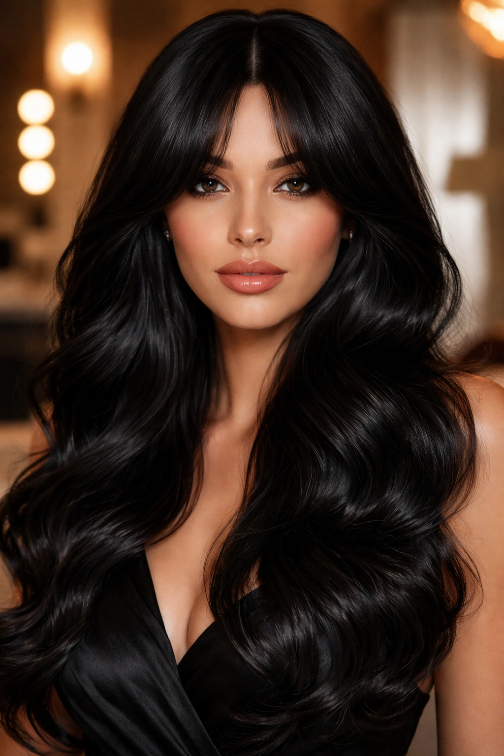 Close-up of a real woman with glossy old Hollywood waves and a long split fringe.