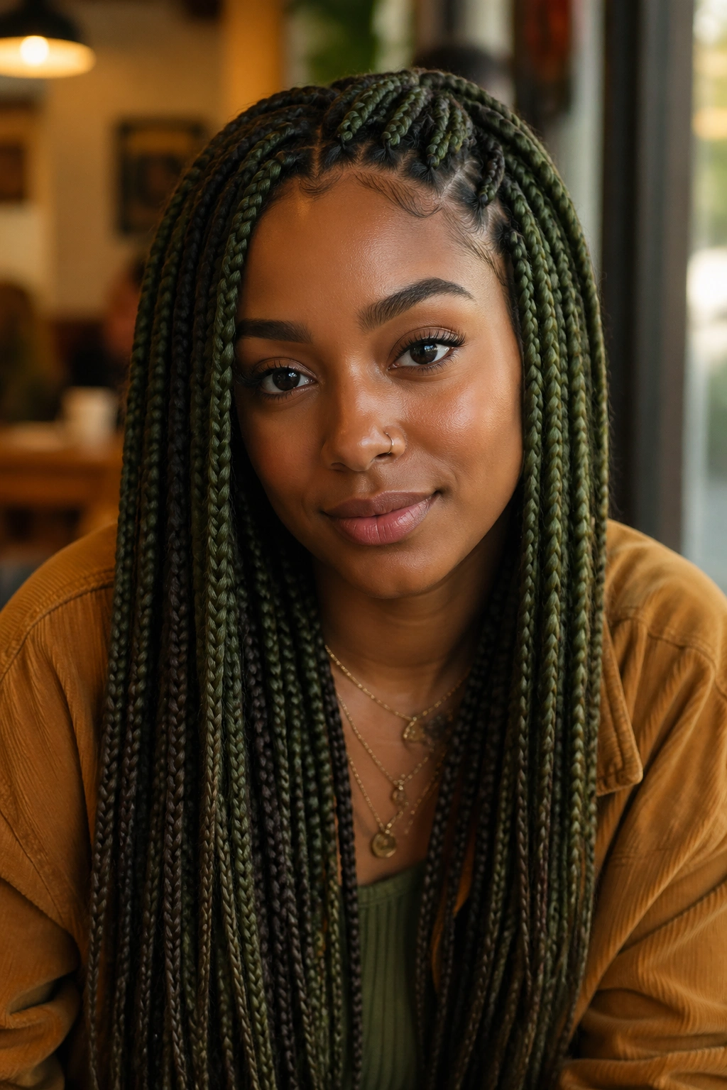 Close-up portrait of a real person with olive green box braids and brown undertones