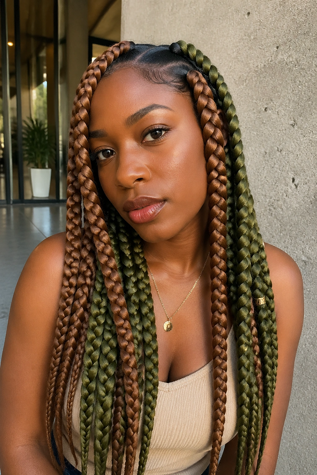 Close-up of medium brown and olive green jumbo braids on real person