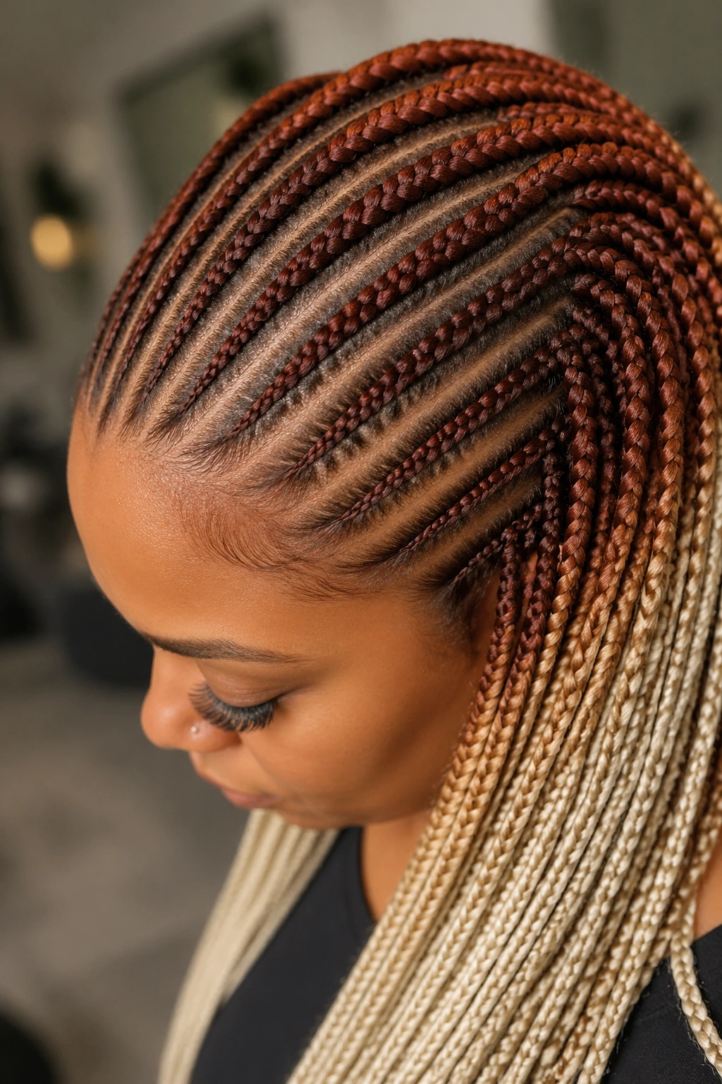 Portrait of ombre auburn to blonde cornrows on a real person
