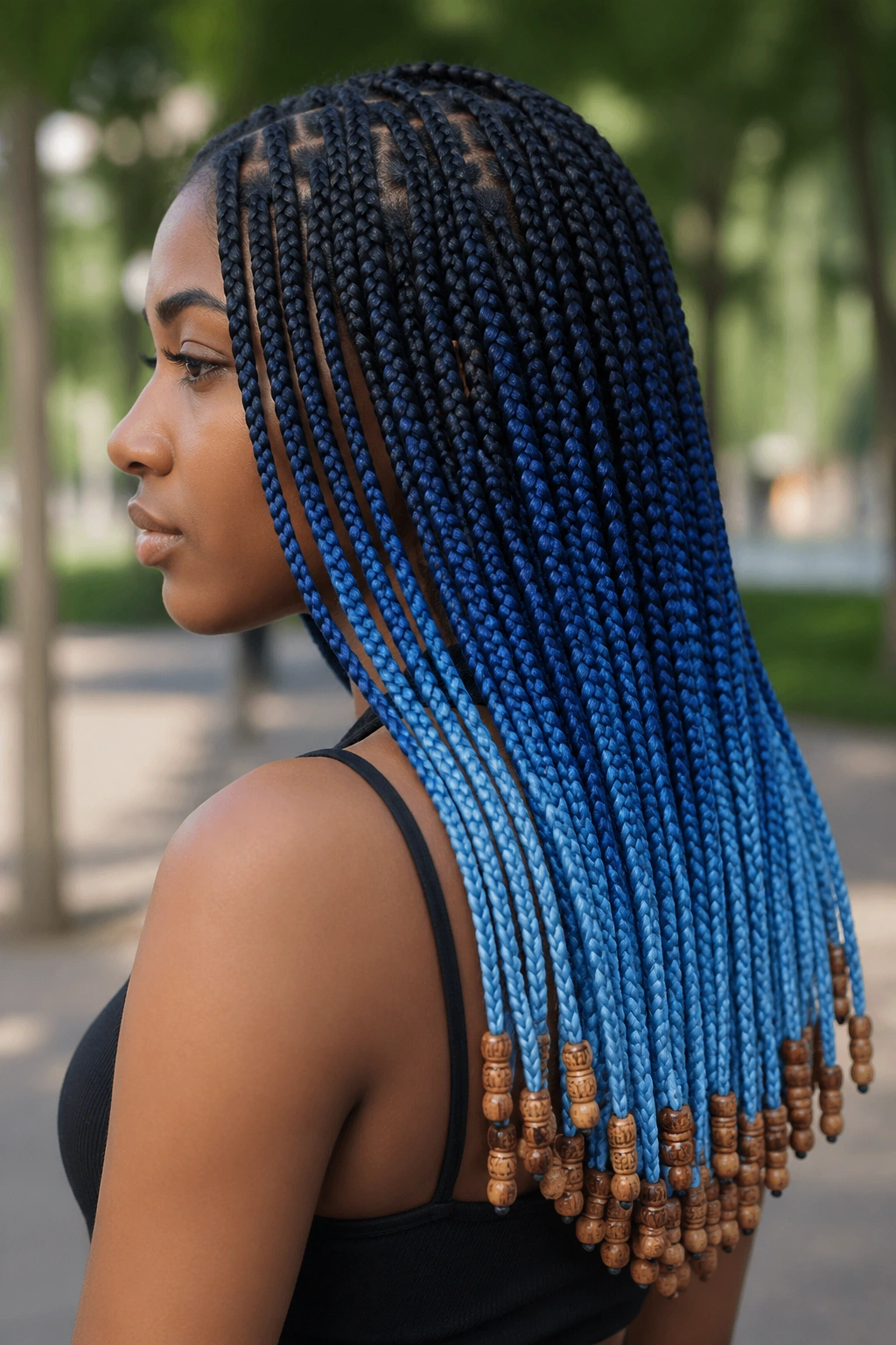 Profile of a real person with blue ombré knotless box braids and wooden bead ends
