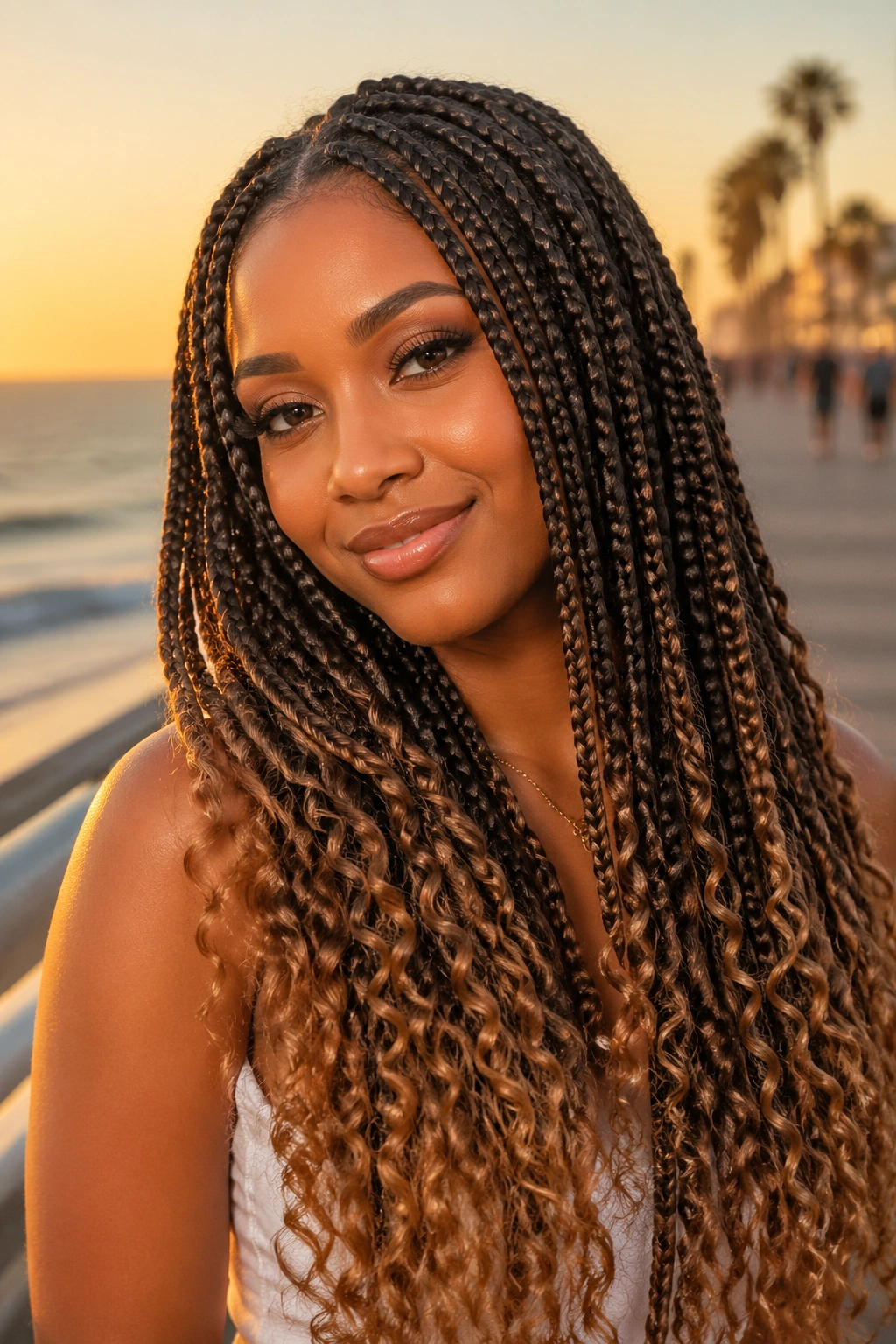 Woman with dark-to-caramel ombre long boho box braids at sunset