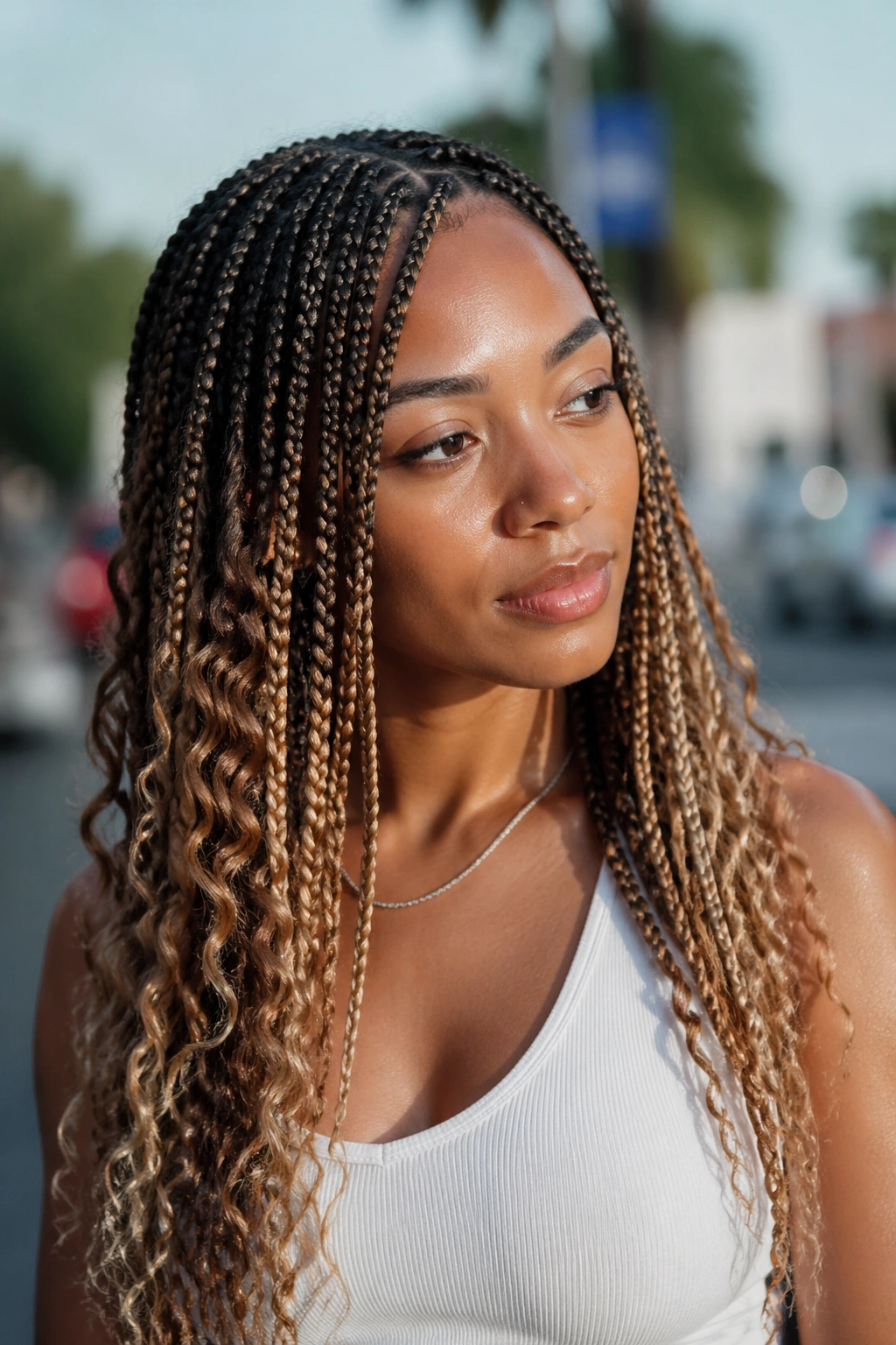 Real woman with ombre boho box braids showing color gradient from roots to ends.