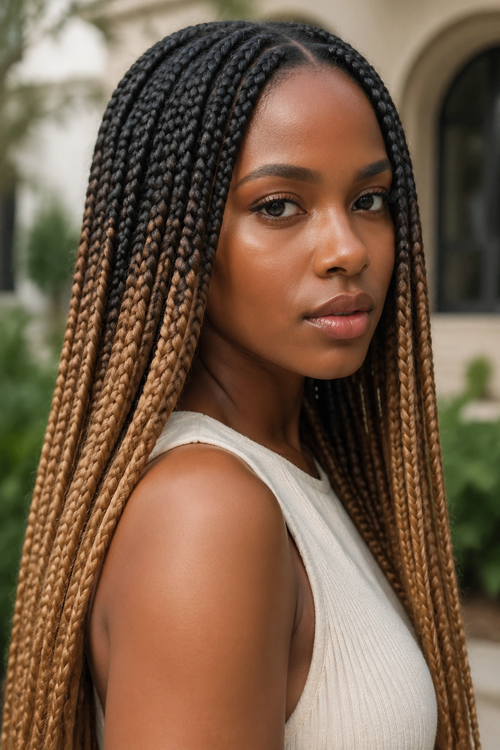 Close-up of a real woman with ombre box braids from dark roots to lighter ends.